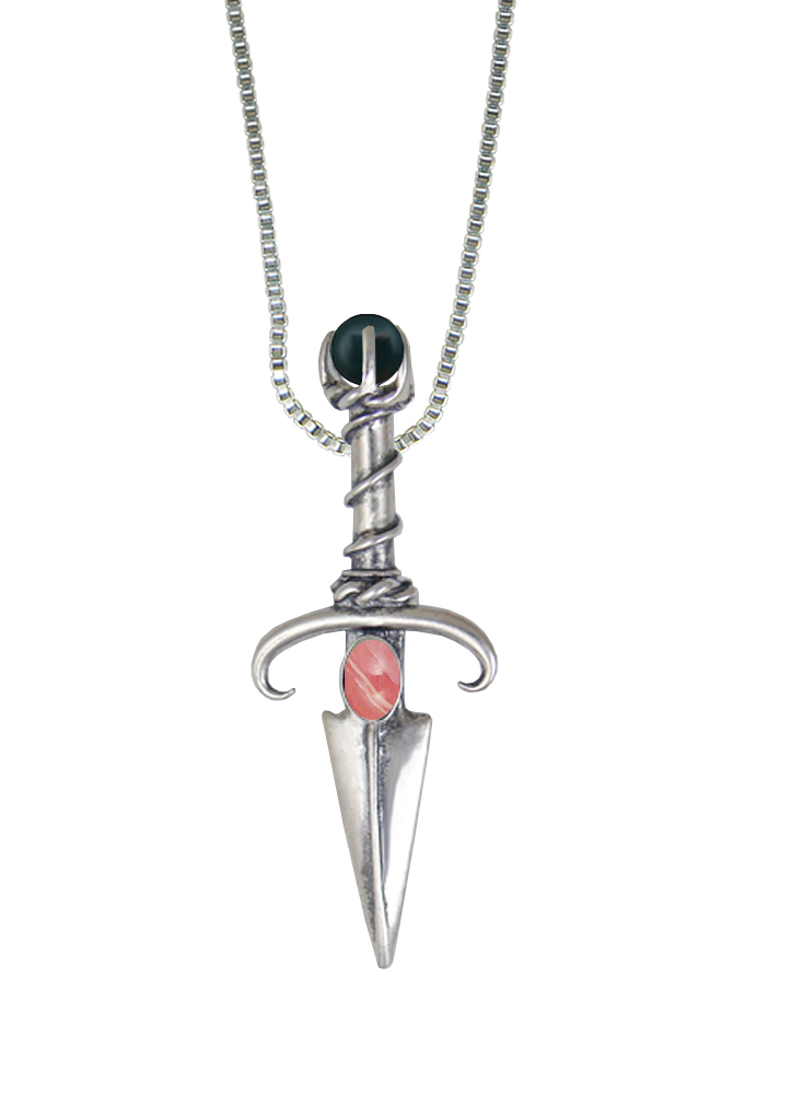 Sterling Silver Black Prince's Knife Dagger Pendant With Rhodocrosite And Bloodstone